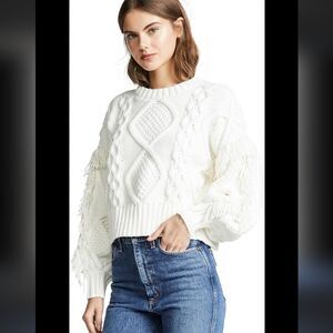 Lime And Dot Cozy Cable Knit Fringe Puff Sleeve Sweater Cream White M Medium